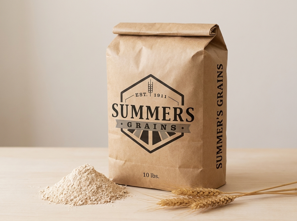 Summers Grains 10 lb kraft flour bag, front