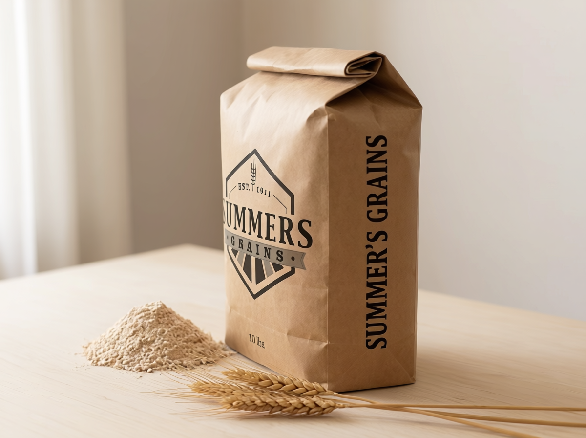 Summers Grains 10 lb kraft flour bag, angled view