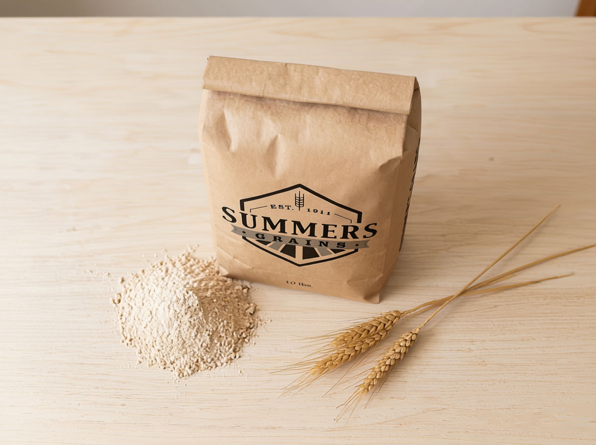 Summers Grains 10 lb kraft flour bag, front view