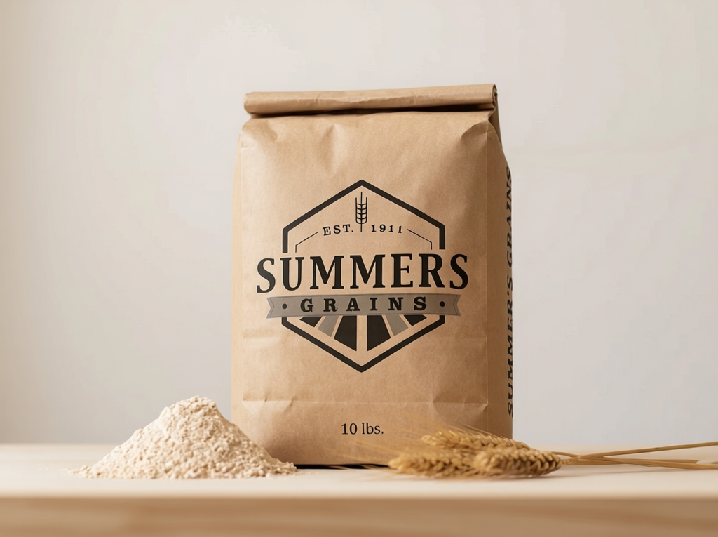 Summers Grains 10 lb kraft flour bag, high angle