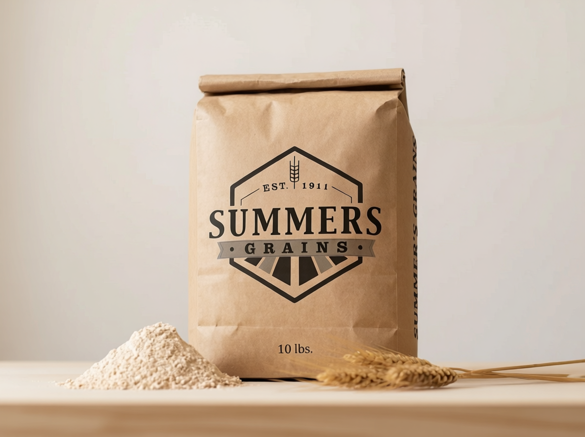 Summers Grains 10 lb kraft flour bag, high angle