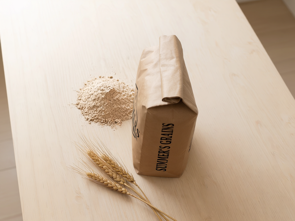 Summers Grains 10 lb kraft flour bag on its side