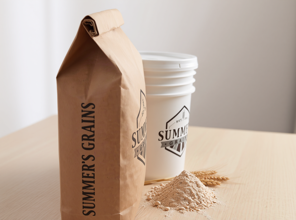 Summers Grains 20 lb kraft bag front view with white storage bucket, flour and wheat stalks