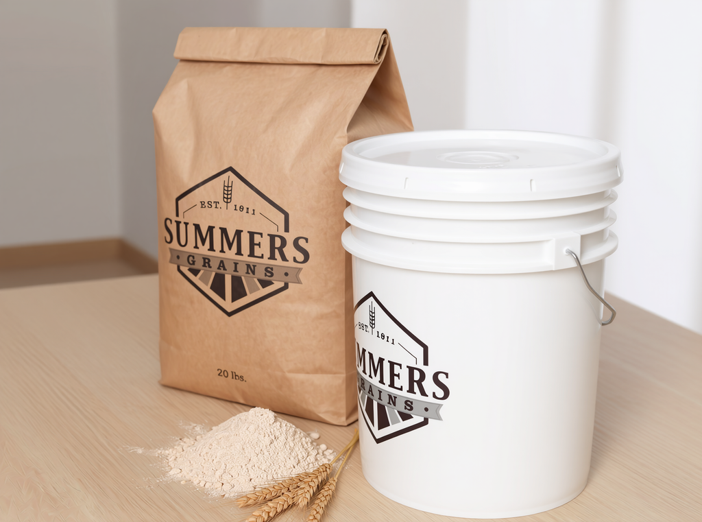 Summers Grains 20 lb bag overhead view with bucket and flour pile