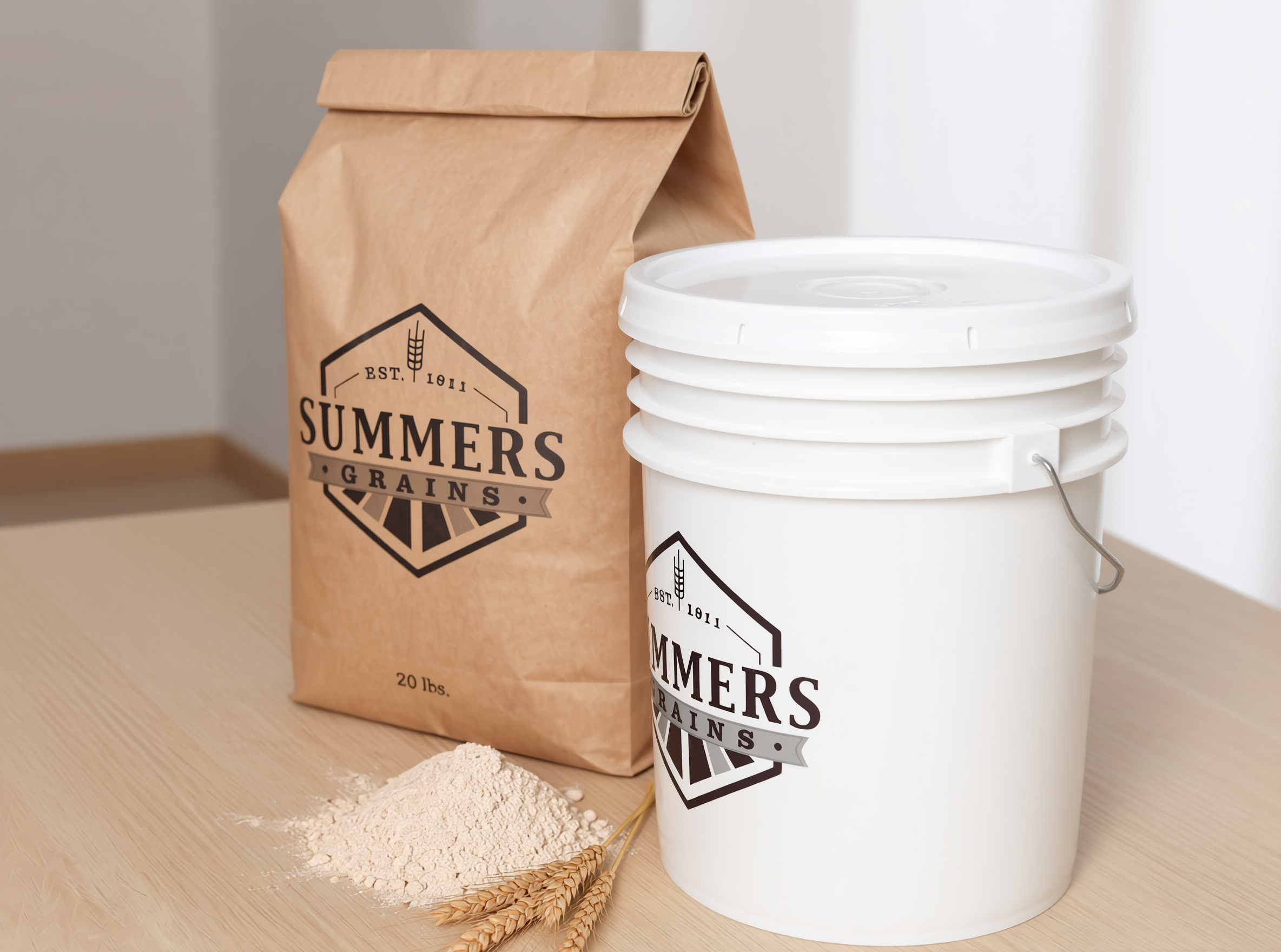 Summers Grains 20 lb bag overhead view with bucket and flour pile