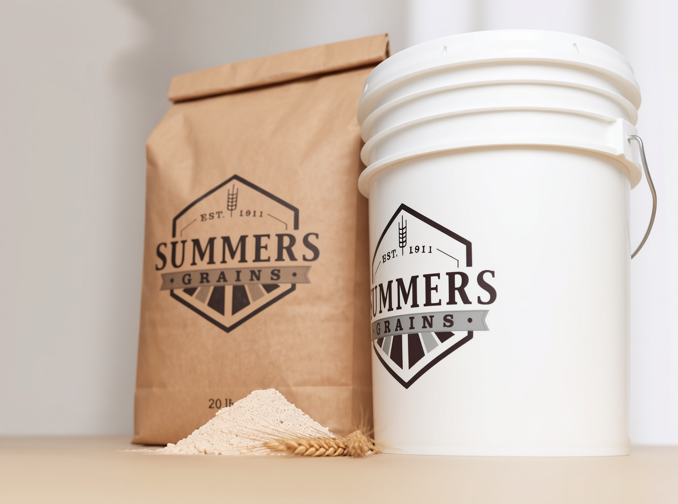 Summers Grains 20 lb bag three-quarter angle with white storage bucket