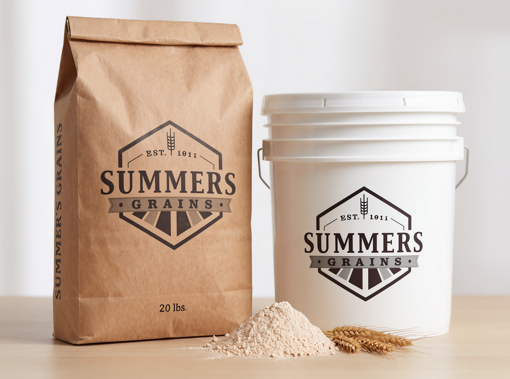 Summers Grains 20 lb bag close-up with storage bucket prominent