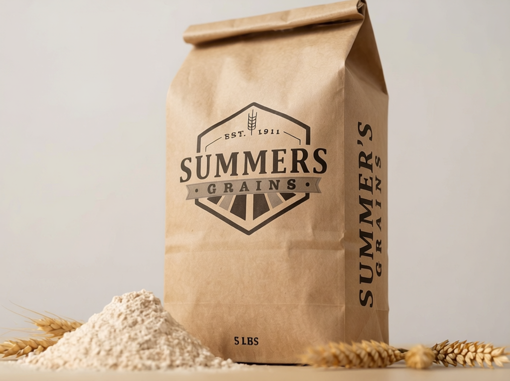 Summers Grains 5 lb kraft flour bag, front