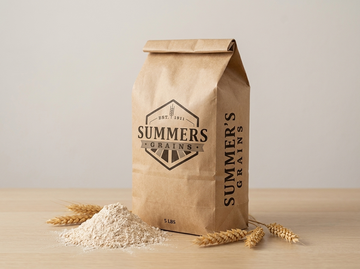 Summers Grains 5 lb kraft flour bag, angled view