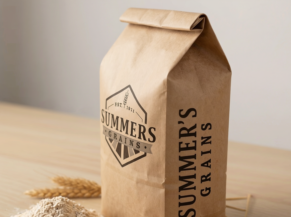 Summers Grains 5 lb kraft flour bag, close-up