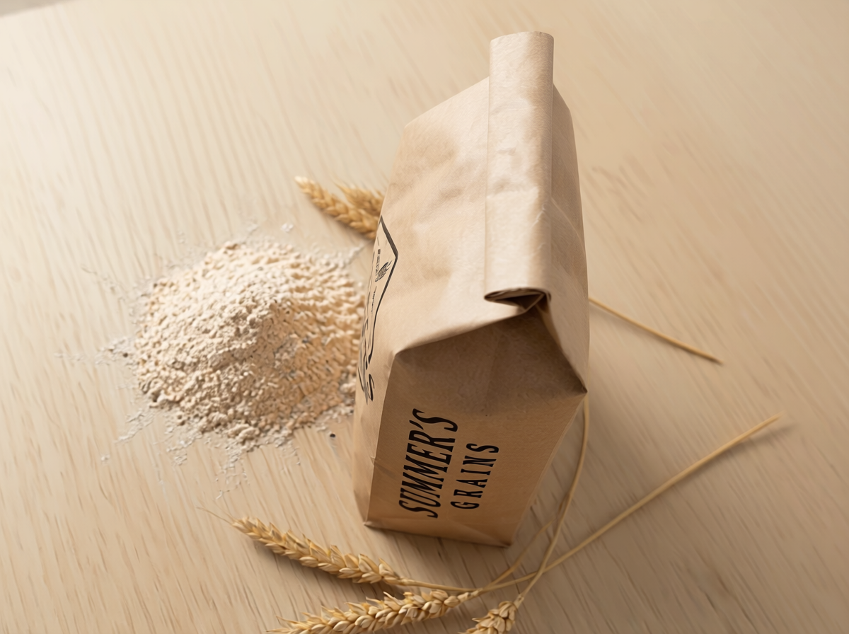 Summers Grains 5 lb kraft flour bag on its side